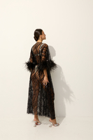 AMMAN HAND-EMBROIDERED BEACH ROBE WITH OSTRICH FEATHERS IN MIDNIGHT NOIR