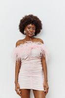  RUCHED ELASTIC FEATHER TROPEZ ROSE DRESS