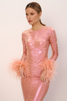 PREORDER BILBAO ELASTIC MIDI DRESS WITH DETACHABLE FEATHERS IN  METALLIC PINK