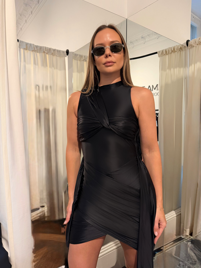 ROMA STRETCH MINI DRESS WITH LONG SASHES IN NOIR