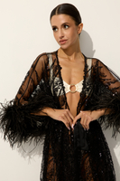 AMMAN HAND-EMBROIDERED BEACH ROBE WITH OSTRICH FEATHERS IN MIDNIGHT NOIR