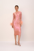 PREORDER ELASTYCZNA SUKIENKA MIDI Z ODCZEPIANYMI PIÓRAMI BILBAO METALLIC  PINK 