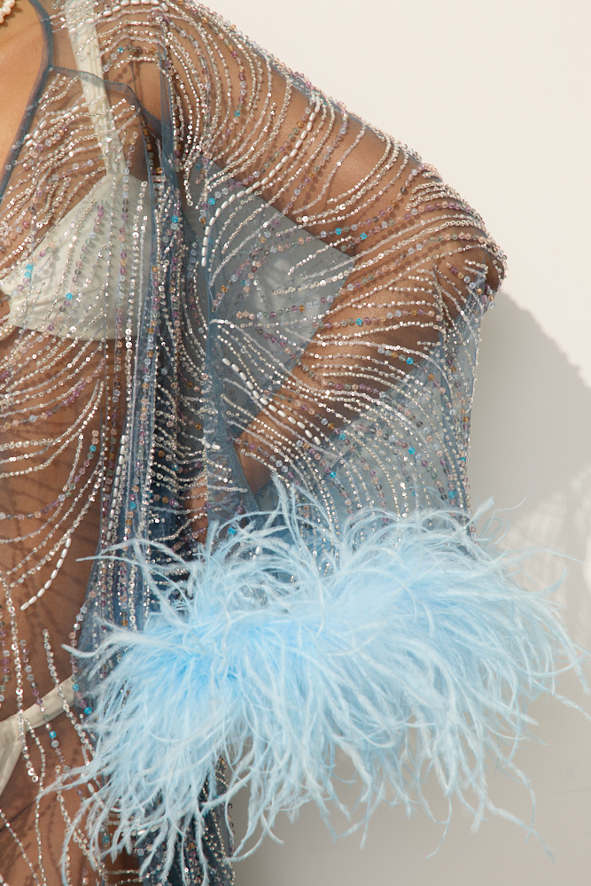 AMMAN HAND-EMBROIDERED BEACH ROBE WITH OSTRICH FEATHERS IN PEARL WHITE