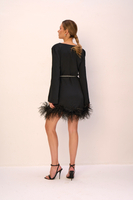 PLUME MINI DRESS WITH SPARKLING BELT AND FEATHERS IN NOIR 