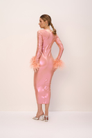PREORDER BILBAO ELASTIC MIDI DRESS WITH DETACHABLE FEATHERS IN  METALLIC PINK
