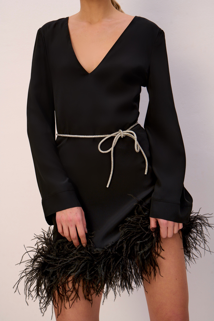 PLUME MINI DRESS WITH SPARKLING BELT AND FEATHERS IN NOIR