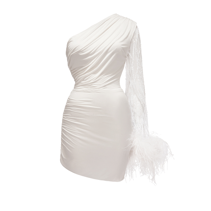 PARIS WHITE FEATHER TRIMMED DRESS