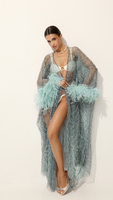 AMMAN HAND-EMBROIDERED BEACH ROBE WITH OSTRICH FEATHERS IN CELESTIAL SAGE