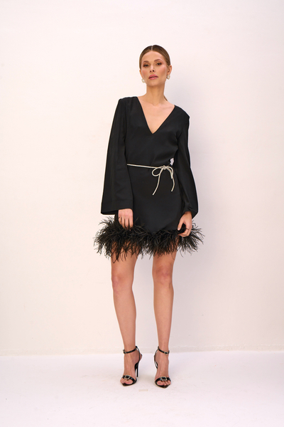 PLUME MINI DRESS WITH SPARKLING BELT AND FEATHERS IN NOIR