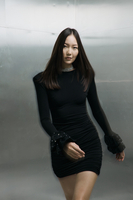 LISBOA RUCHED MINI DRESS WITH ROSE-SHAPED SLEEVES IN NOIR