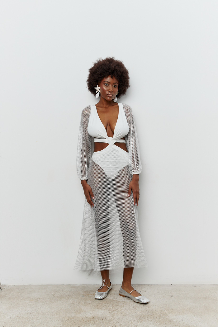 CUT OUT MIDI DRESS MADE OF MESH EMBELLISHED WITH CRYSTALS JAKARTA WHITE