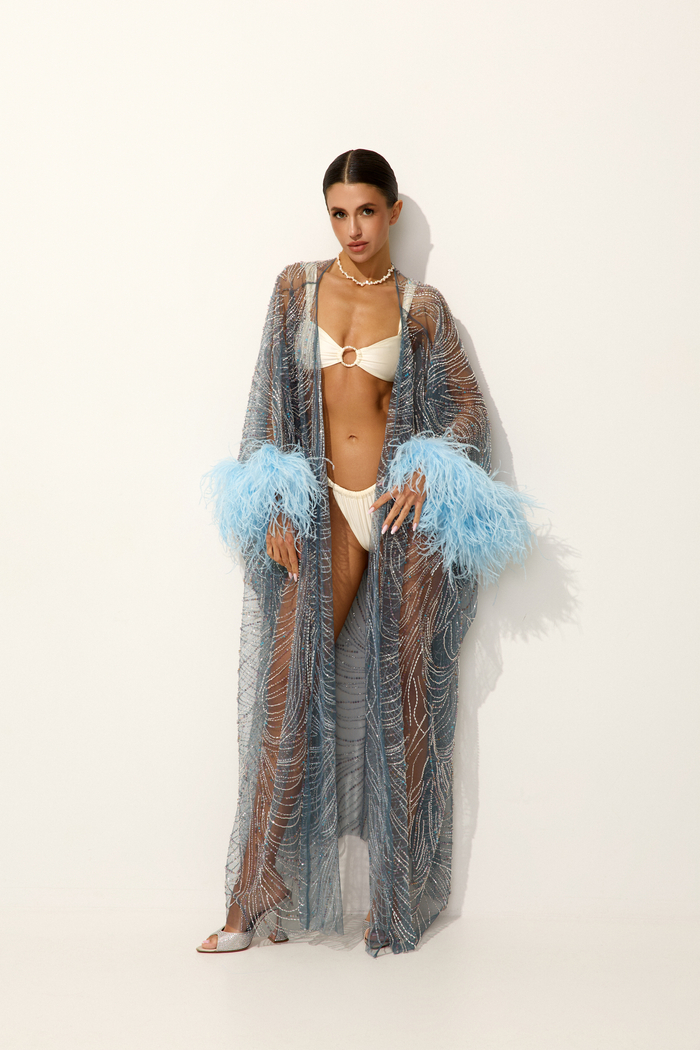 AMMAN HAND-EMBROIDERED BEACH ROBE WITH OSTRICH FEATHERS IN PEARL WHITE