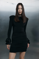 LISBOA RUCHED MINI DRESS WITH ROSE-SHAPED SLEEVES IN NOIR