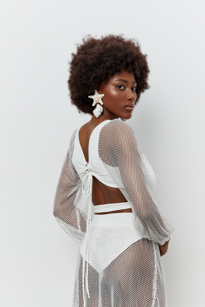 CUT OUT MIDI DRESS MADE OF MESH EMBELLISHED WITH CRYSTALS JAKARTA WHITE