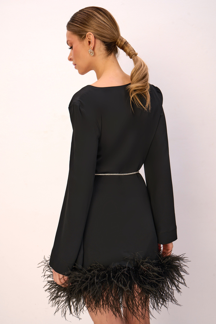 PLUME MINI DRESS WITH SPARKLING BELT AND FEATHERS IN NOIR