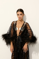 AMMAN HAND-EMBROIDERED BEACH ROBE WITH OSTRICH FEATHERS IN MIDNIGHT NOIR