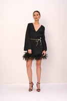 PLUME MINI DRESS WITH SPARKLING BELT AND FEATHERS IN NOIR 